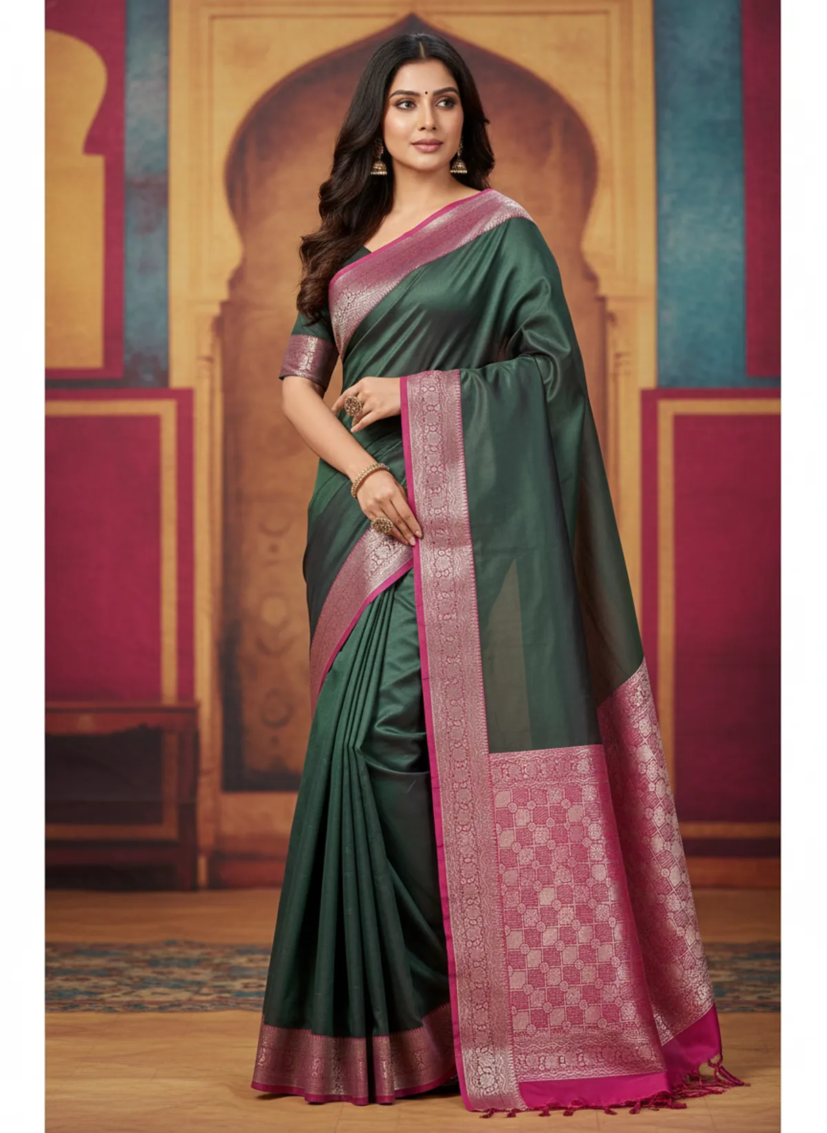 Green Banarasi Plain Border Silk Saree with Contrast Aachal